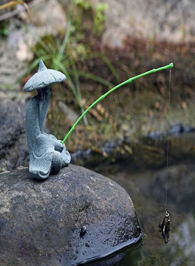 livelyfish Mini Fisherman Statue Asian Zen Decoration Sitting Fishing Figurines Sandstone Vintage Ornament for Aquarium Fish Tank Pot Garden Home Japanese Decor,D - Image 2